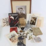 Various military collectables, including silver artillery brooch, child's ration book, postcards,