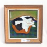 BERYL TURPIN - hand painted enamel painting on copper, sleeping cat, framed, overall frame