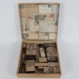 A box of Victorian medicinal engraved copper printing blocks, bottles etc