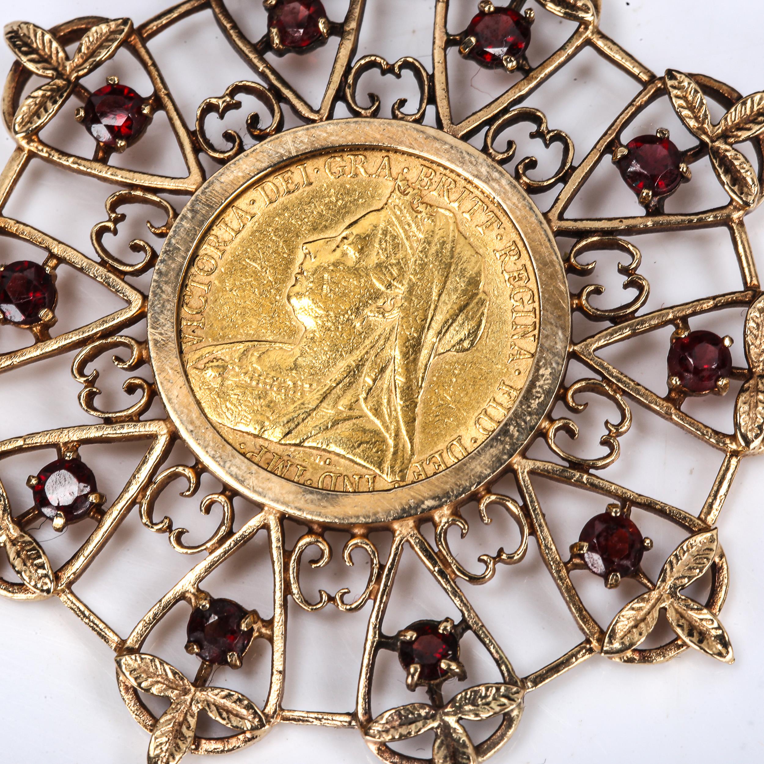 A Queen Victoria 1899 full sovereign gold coin, in large 9ct gold garnet openwork pendant mount, - Image 2 of 4