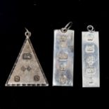 3 silver ingot pendants, including Jubilee example, largest height excluding bale 44.8mm, 54.6g