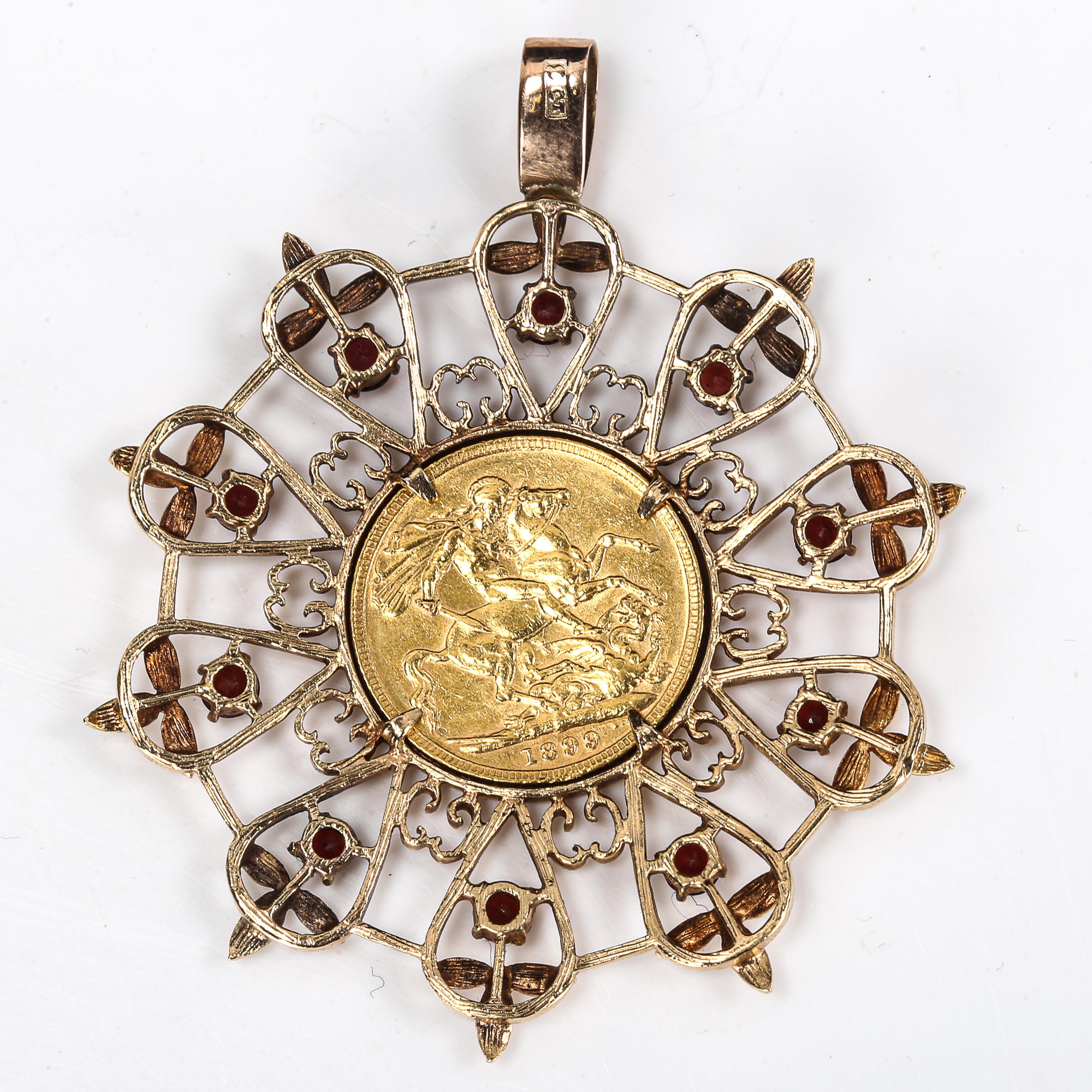 A Queen Victoria 1899 full sovereign gold coin, in large 9ct gold garnet openwork pendant mount, - Image 3 of 4