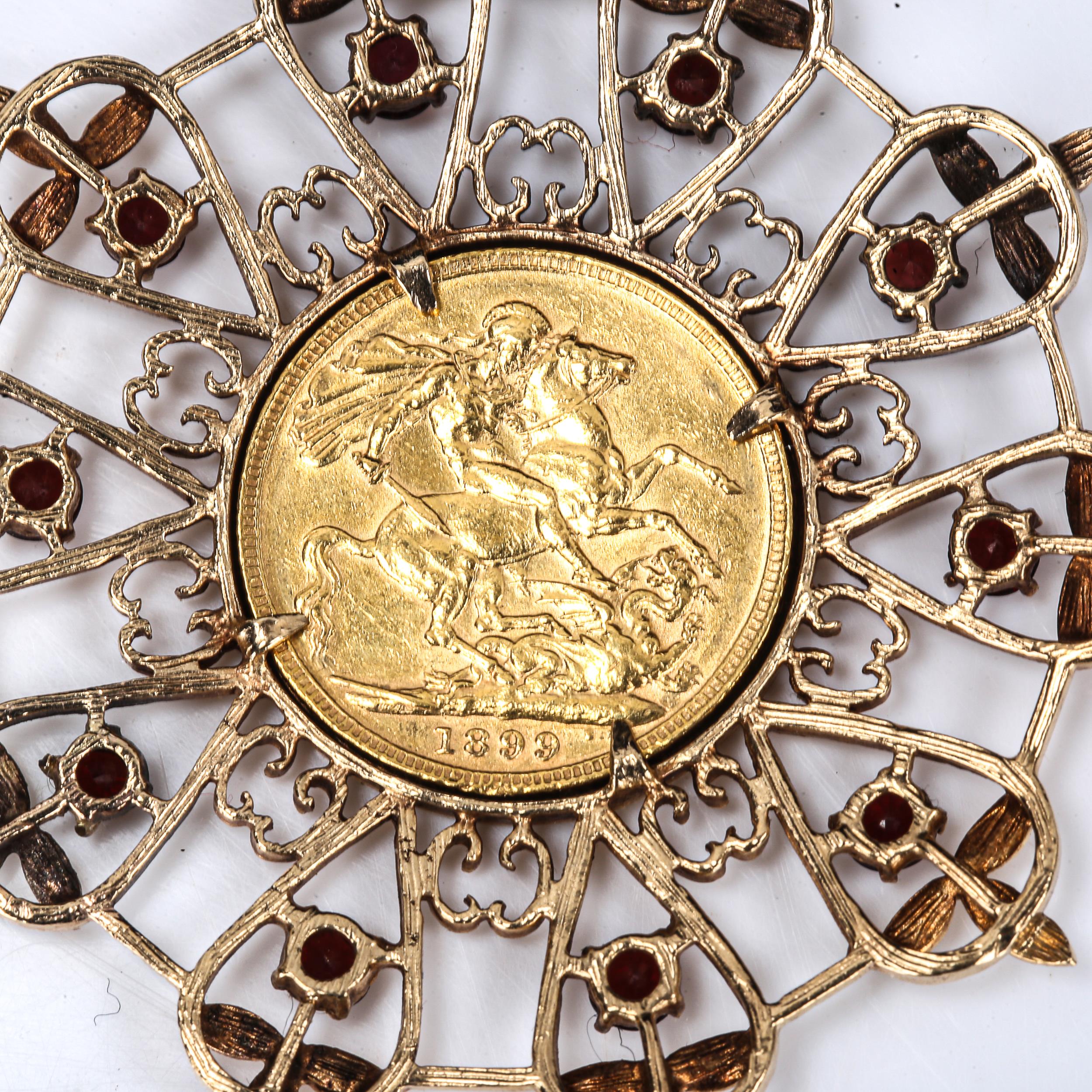 A Queen Victoria 1899 full sovereign gold coin, in large 9ct gold garnet openwork pendant mount, - Image 4 of 4