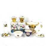 A group of porcelain, including a pair of sevres perfume bottles, height 16cm, Crown Derby gilded