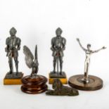A pair of spelter knights in armour, height 21cm, a spelter eagle on oak plinth, and 2 other