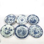 A group of Chinese blue and white porcelain plates, 18th and 19th century (A/F) (6) All have