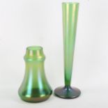 2 Loetz style green iridescent glass vases, height 30cm and 16cm Good condition