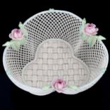 Belleek 4 strand trefoil basket with coloured floral mounts, 1955 - 1979, length 17cm