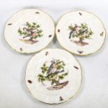 A set of 3 Meissen porcelain plates, with hand painted bird designs in relief moulded border,