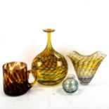4 pieces of mid-20th century Studio glass, including a tall narrow-necked vase, height 22cm