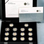 Royal Mint 14 coin set, silver/gold proof £1 coins, boxed with papers and outer package