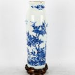 A Chinese blue and white porcelain sleeve vase with painted decoration, on hardwood stand, overall