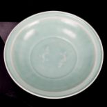 A Chinese celadon glaze porcelain bowl, with moulded fish design, diameter 25cm