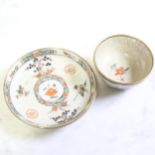 A Chinese Kangxi porcelain bowl on stand, with brass edges, painted cranes, and crackle glaze, old