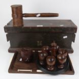 A Wartime box for a telephone, a leather-covered mallet, length 30cm, turned wood eggcups on