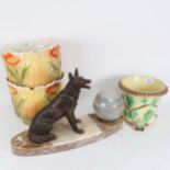 A pair of jardinieres with poppy decoration, Continental table lamp with spelter Alsatian on