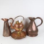 A WMF spirit kettle and stand, and 2 Antique copper jugs
