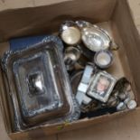 Silver plated entree dish and cover, milk jugs, wristwatches etc (boxful)