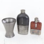 2 silver plated spirit flasks, and an Art Nouveau Dutch pewter beaker (3)