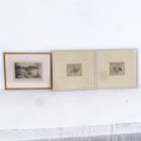 2 German etchings, bird studies, indistinctly signed, and Frank H Mason, etching, Scarborough (3)
