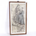 A Japanese coloured woodblock print, study of 2 sages, framed, overall 80cm x 42cm