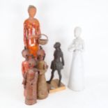 A terracotta painted sculpture of 3 children singing, height 33cm, 2 other clay sculptures, and a