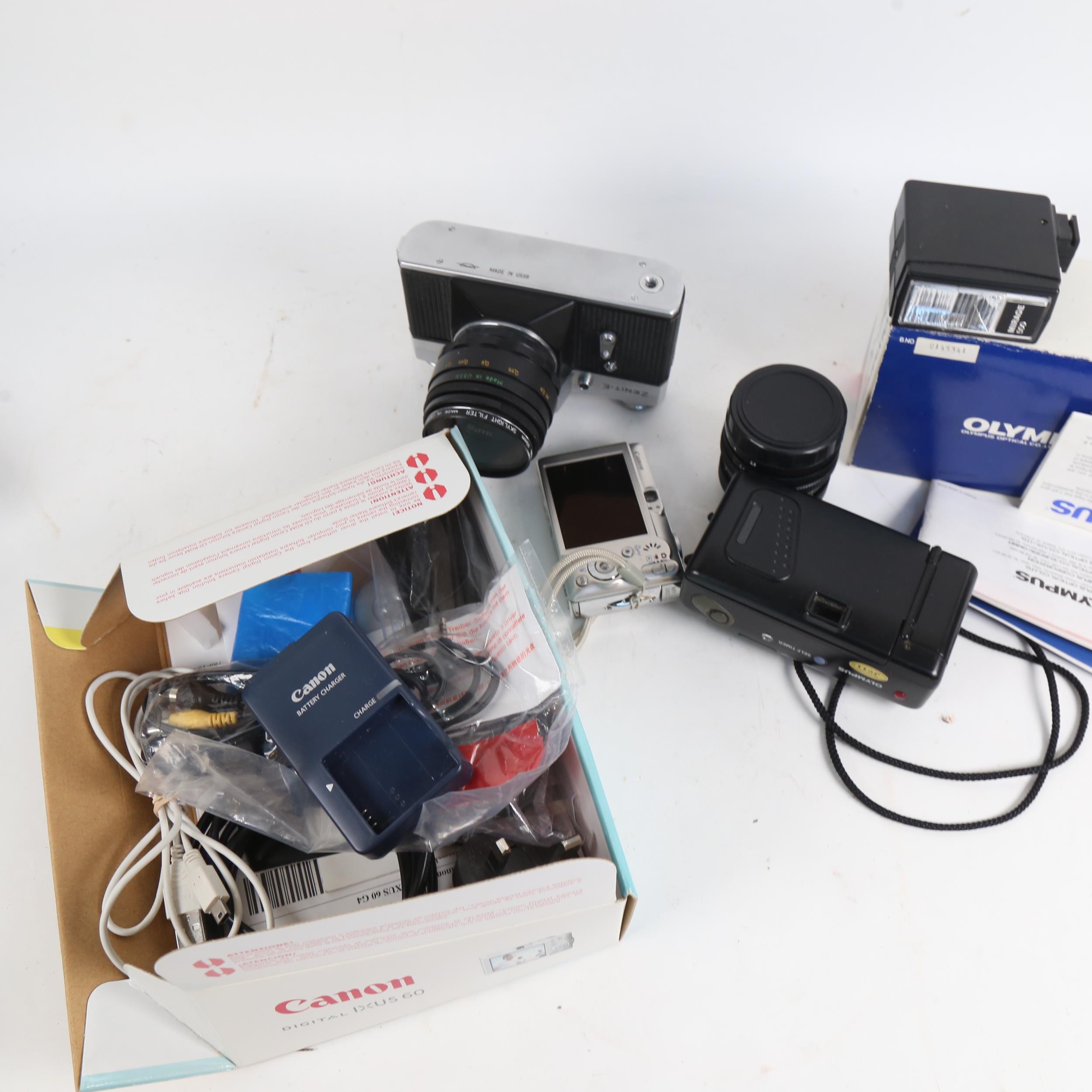 Various cameras and accessories, including Olympus AF-10, Zenit-E, Velbon D-400 tripod etc - Image 2 of 2