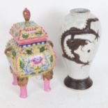 A crackle glaze vase with dragon design, 23cm, and a Chinese porcelain casket and cover, with 6