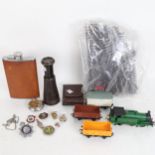 Hornby OO plastic railway items, a monocular, badges, pocket watch and hip flask