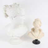 A large white ceramic bust sculpture, and a smaller resin bust of Elizabethan lady, largest height