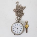 An early 20th century engraved silver-cased key-wind fob watch, with silver chain and key
