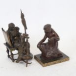 A patinated bronze sculpture, woman at a spinning wheel, unsigned, height 13cm, and a bronze