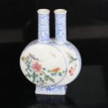 A Chinese porcelain conjoined double bottle vase, Shuanglian Ping, hand painted and enamelled