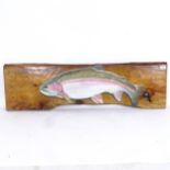 Clive Fredriksson, hand painted plank, Rainbow trout, 34cm x 118cm