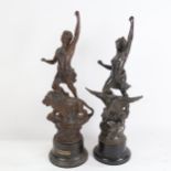 A pair of spelter sculptures, including La Force, on plastic bases, largest height 44cm