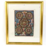 A Tibetan Buddhist hand painted and gilded watercolour thangka, framed, overall 80cm x 67cm