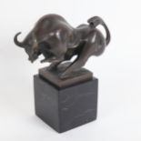 Milo, modernist bronze sculpture, rearing bull, signed, on veined black marble base, overall