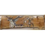 Clive Fredriksson, hand painted wood plank, stags, signed, 36cm x 132cm