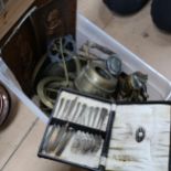 A box of brassware, fish cutlery etc