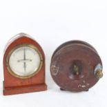 A large brass-mounted turned wood fishing reel, and a Vintage GPO galvanometer (2)