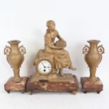 A French red veined marble and gilded spelter figural 3-piece clock garniture, case height 42cm