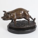 A reproduction bronze sculpture, pig tied to post, indistinctly signed, on marble base, overall