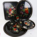 A group of Russian hand painted black lacquer tea trays (11)