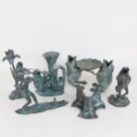 Various verdigris metal frog figures, tallest 15cm