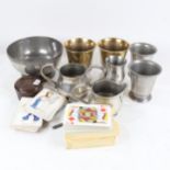 Pewter beakers, gilded pewter goblets with touch marks, playing cards etc