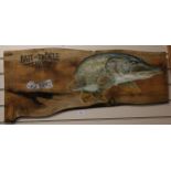 Clive Fredriksson, hand painted wood plank, bait and tackle shop, signed, 44cm x 100cm