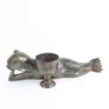 A large novelty verdigris reclining frog and chalice, length 60cm