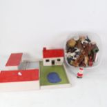 A handmade toy farmyard, and a quantity of diecast and plastic animals and accessories