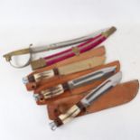 3 Vintage staghorn-handled bowie knives and sheaths, and a Persian curved short sword (4)