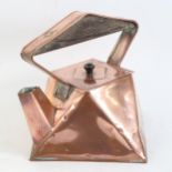 An Arts and Crafts copper kettle, geometric form with pine supported handle, unmarked, height 22cm
